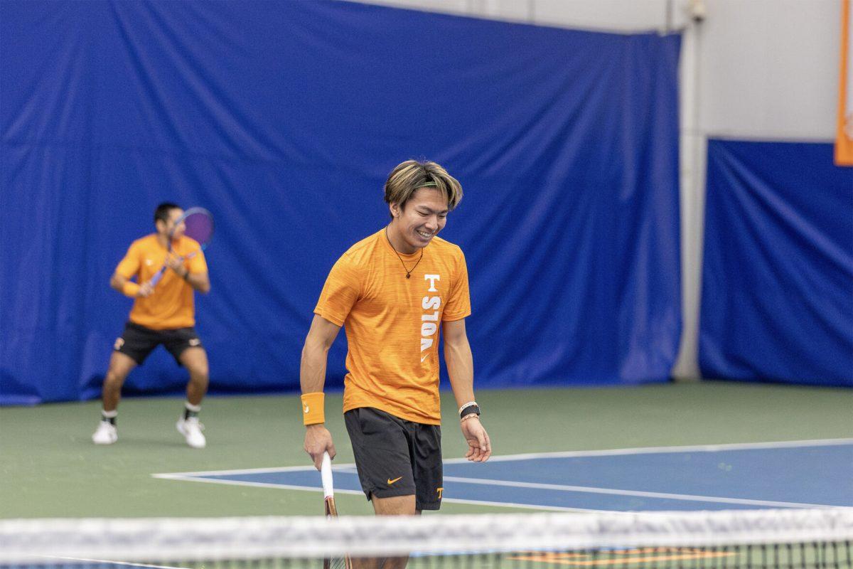 Shunsuke Mitsui warming up before their next set at Goodfriend Indoor Tennis Center. Saturday, Jan. 25, 2025.