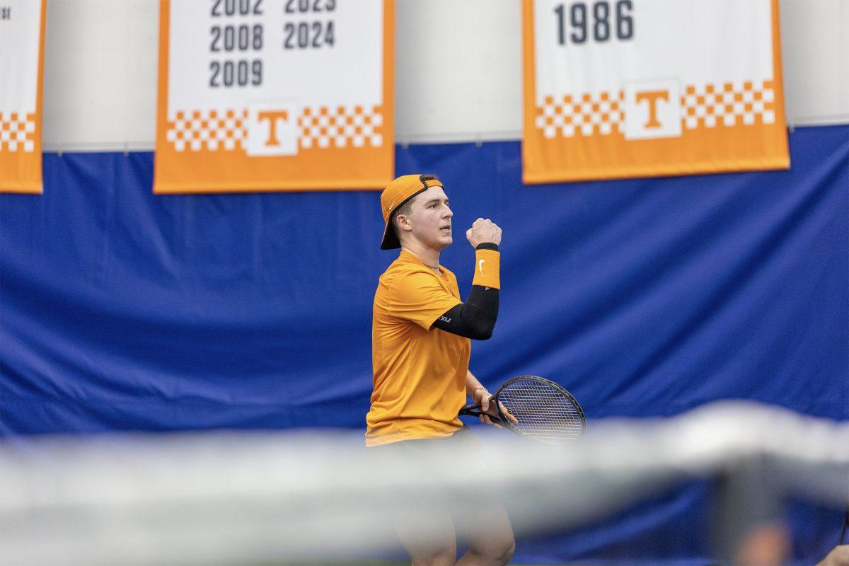 Alejandro Moreno celebrates during a match against Illinois at Goodfriend Indoor Tennis Center. Saturday, Jan. 25, 2025.