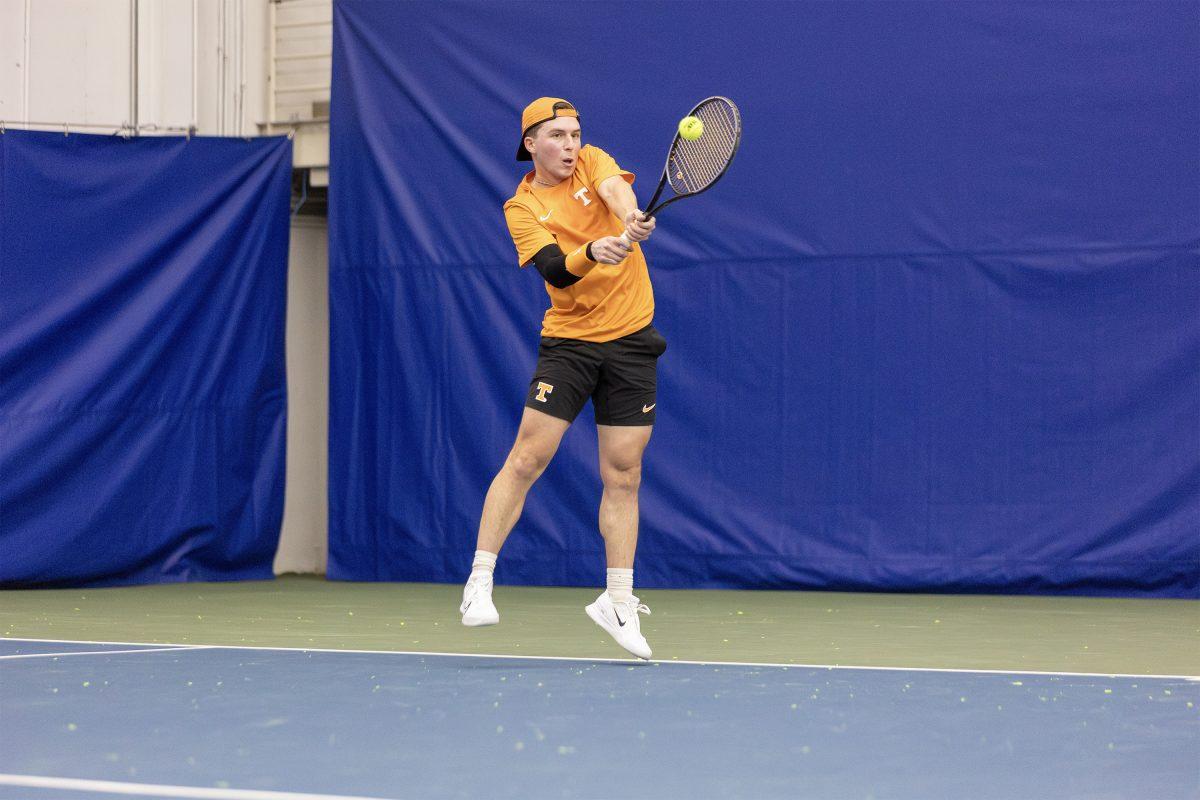 Alejandro Moreno hits against Illinois at Goodfriend Indoor Tennis Center. Saturday, Jan. 25, 2025.