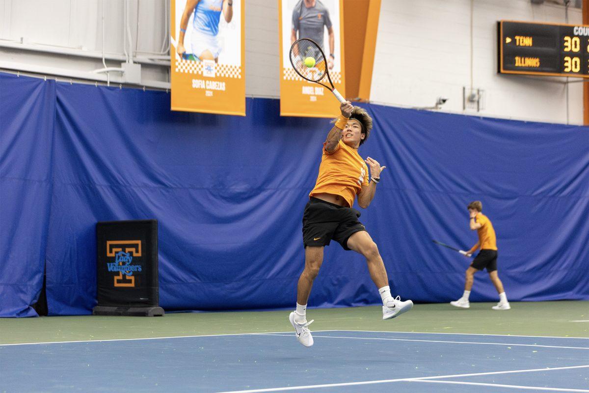 Shunsuke Mitsui hits against Illinois at Goodfriend Indoor Tennis Center. Saturday, Jan. 25, 2025.