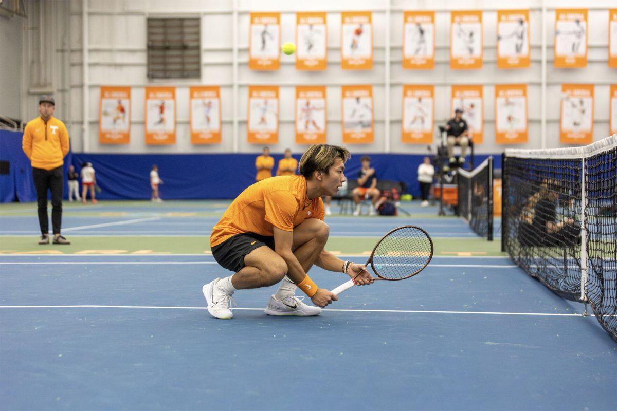 Shunsuke Mitsui waits for a return during a duals match against Illinois at Goodfriend Indoor Tennis Center on Saturday, Jan. 25, 2025.