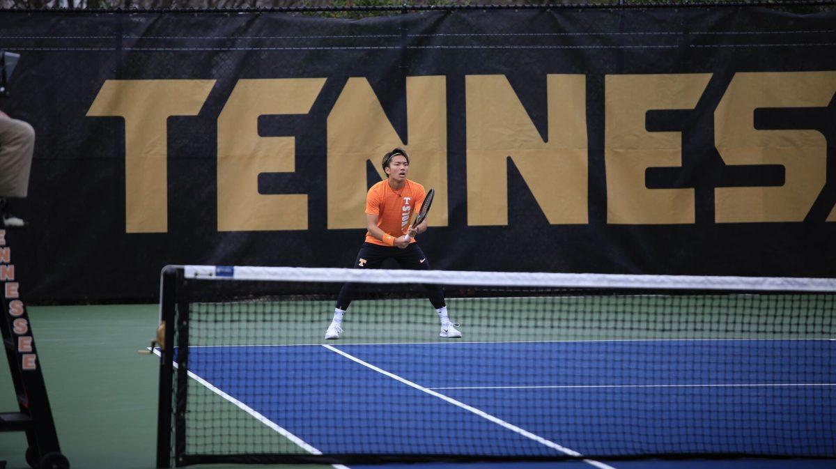 Shunsuke Mitsui prepares for the serve during the match against Penn at Barksdale Stadium. Saturday, Feb. 8, 2025.