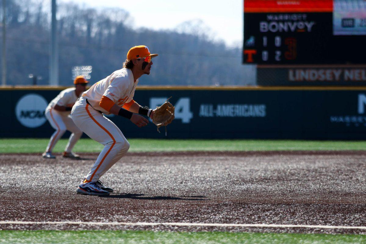 Manny Marin (4) awaiting the pitch in game against Samford at Lindsey Nelson Stadium. Sunday, Feb. 23, 2025.