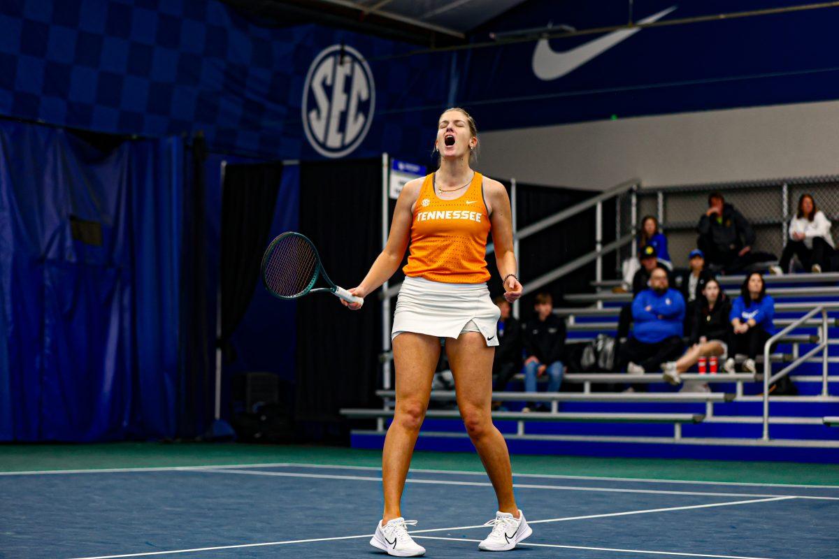 Elza Tomase shouts after winning a point in her singles match against Kentucky at Hilary J Boone Tennis Center. Saturday, Feb. 22, 2025.