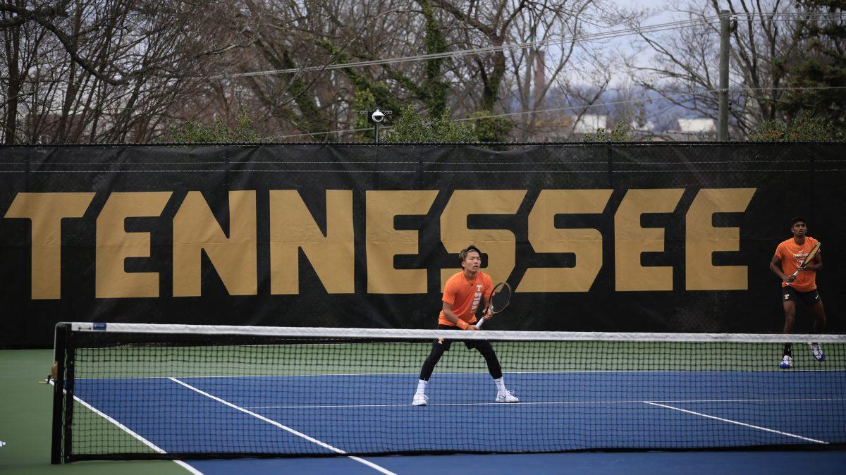 Shunsuke Mitsui and Alan Jesudason prepare for the serve during the match against Penn at Barksdale Stadium. Saturday, Feb. 8, 2025.