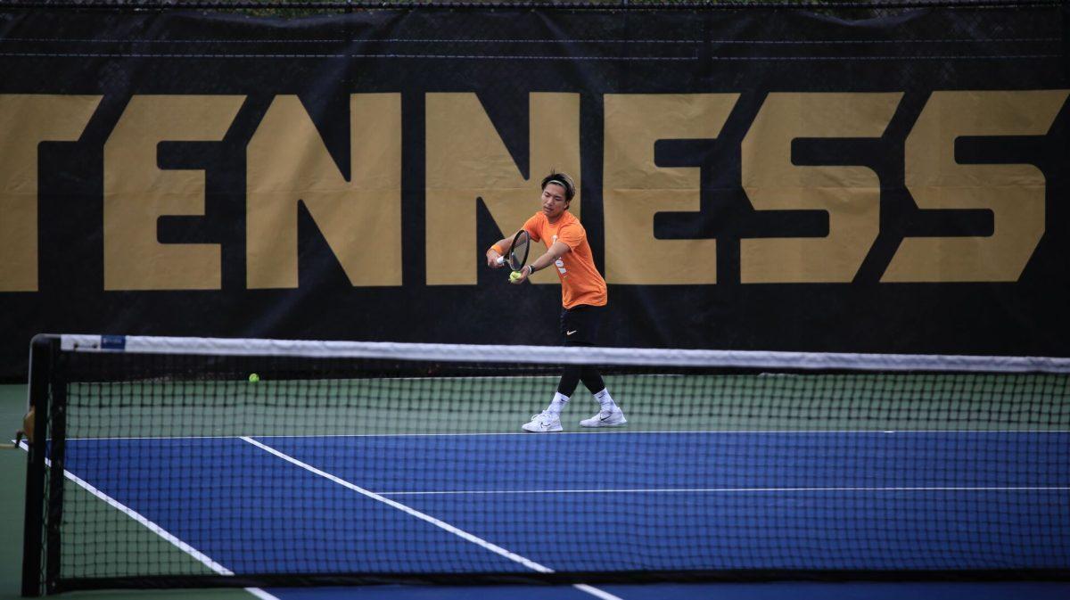 Shunsuke Mitsui delivers the serve during the match against Penn at Barksdale Stadium. Saturday, Feb. 8, 2025.