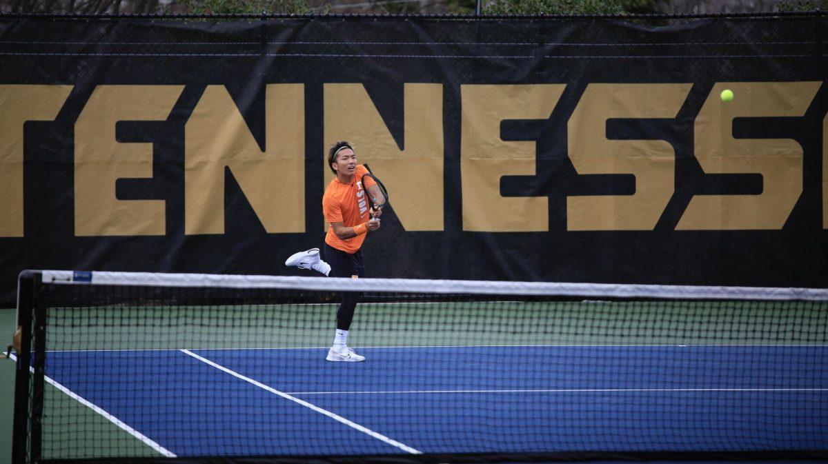Shunsuke Mitsui returns the serve during the match against Penn at Barksdale Stadium. Saturday, Feb. 8, 2025.