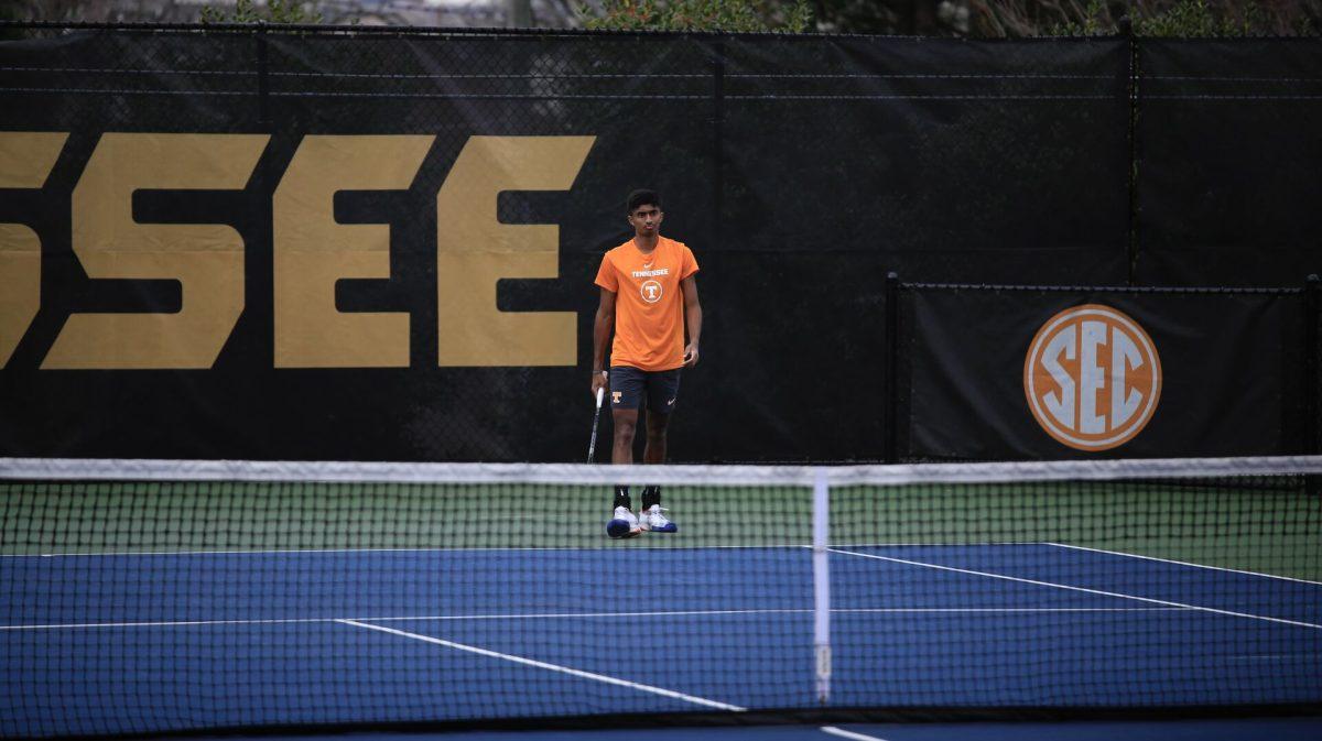 Alan Jesudason prepares for the serve during the match against Penn at Barksdale Stadium. Saturday, Feb. 8, 2025.