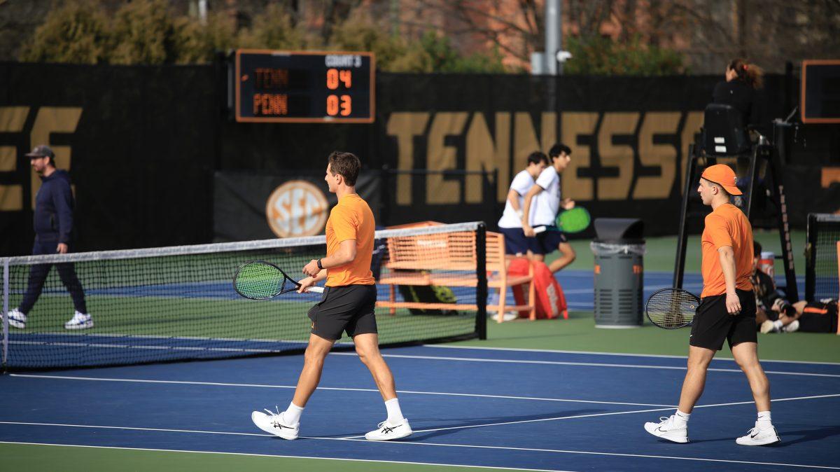 Alex Kotzen and Alejandro Moreno step up for the match against Penn at Barksdale Stadium. Saturday, Feb. 8, 2025.
