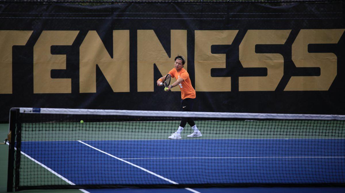 Shunsuke Mitsui delivers the serve during the match against Penn at Barksdale Stadium. Saturday, Feb. 8, 2025.