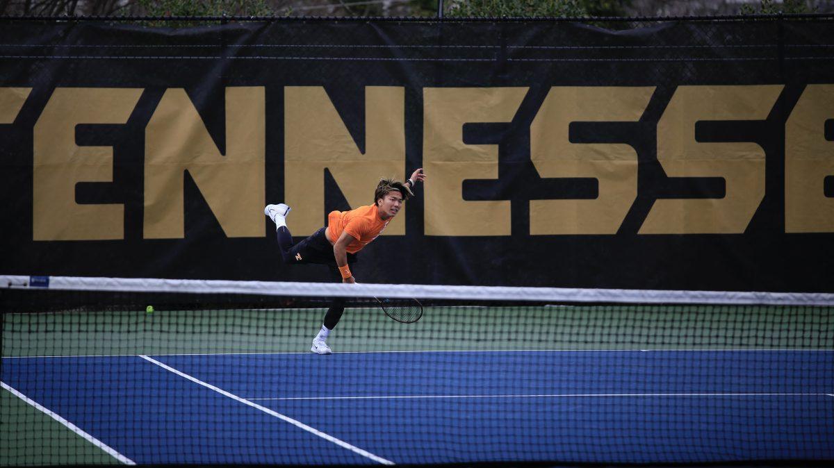 Shunsuke Mitsui delivers the serve during the match against Penn at Barksdale Stadium. Saturday, Feb. 8, 2025.