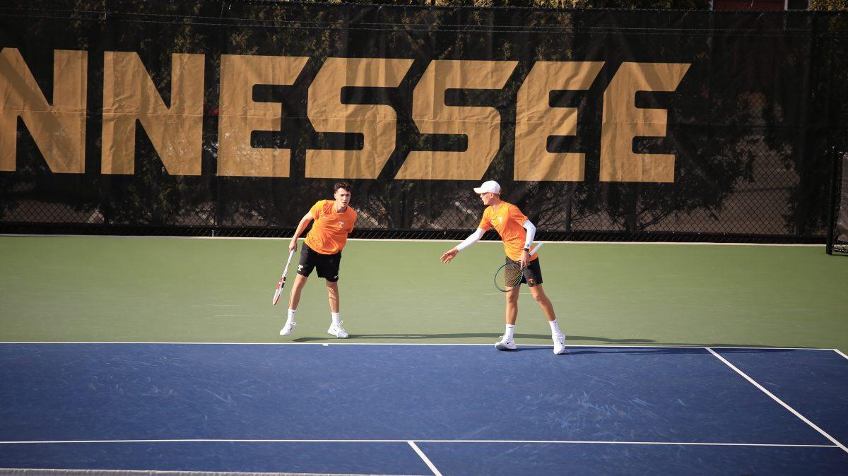 James Newton and Jan Kobierski celebrate a point during the match against Penn at Barksdale Stadium. Saturday, Feb. 8, 2025.