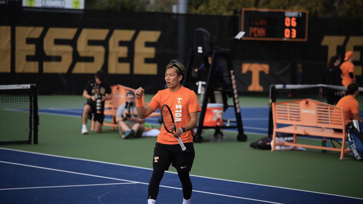 Shunsuke Mitsui celebrates the point during the match against Penn at Barksdale Stadium. Saturday, Feb. 8, 2025.