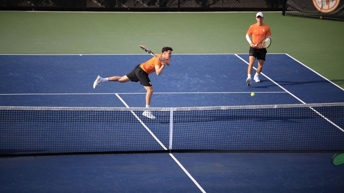 Jan Kobierski returns the ball during the match against Penn at Barksdale Stadium. Saturday, Feb. 8, 2025.