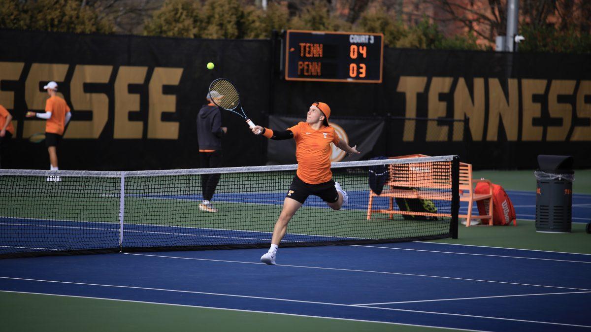 Alejandro Moreno backhands the return during the match against Penn at Barksdale Stadium. Saturday, Feb. 8, 2025.