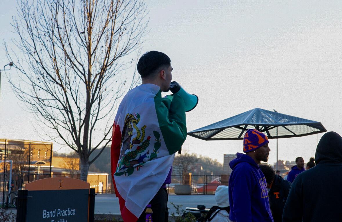 Eli Aguilar speaking before students march against fascism. Monday, Feb. 17, 2025.