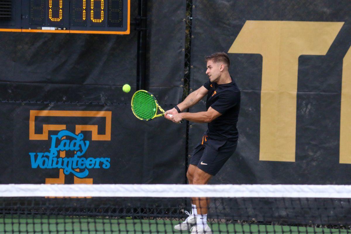 Ian Cruz in singles against Elon at Barksdale Stadium. Saturday, Feb. 8, 2025.