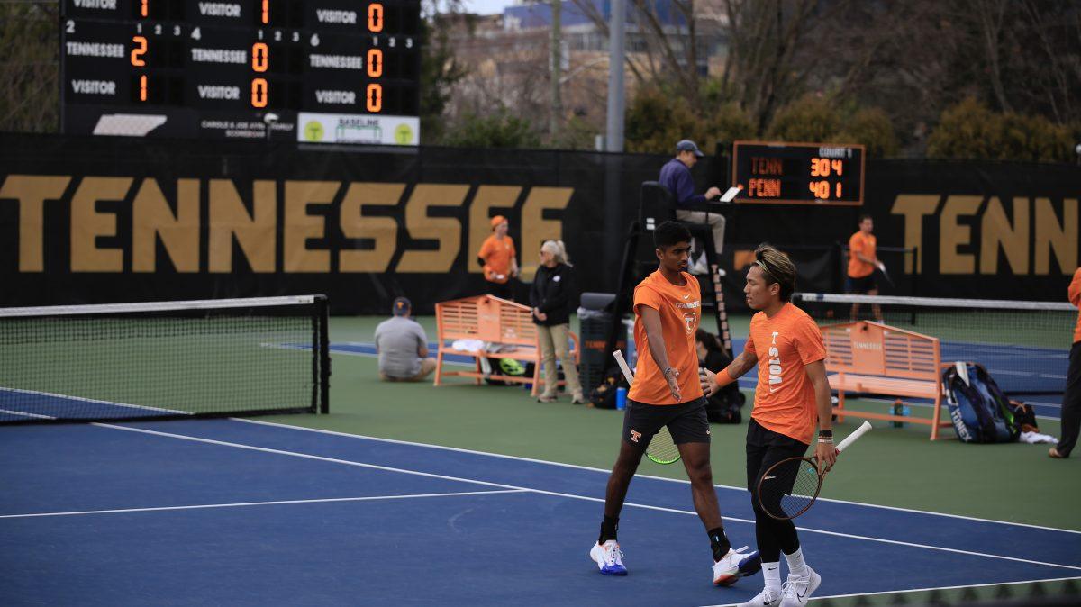 Alan Jesudason and Shunsuke Mitsui celebrate the point during the match against Penn at Barksdale Stadium. Saturday, Feb. 8, 2025.