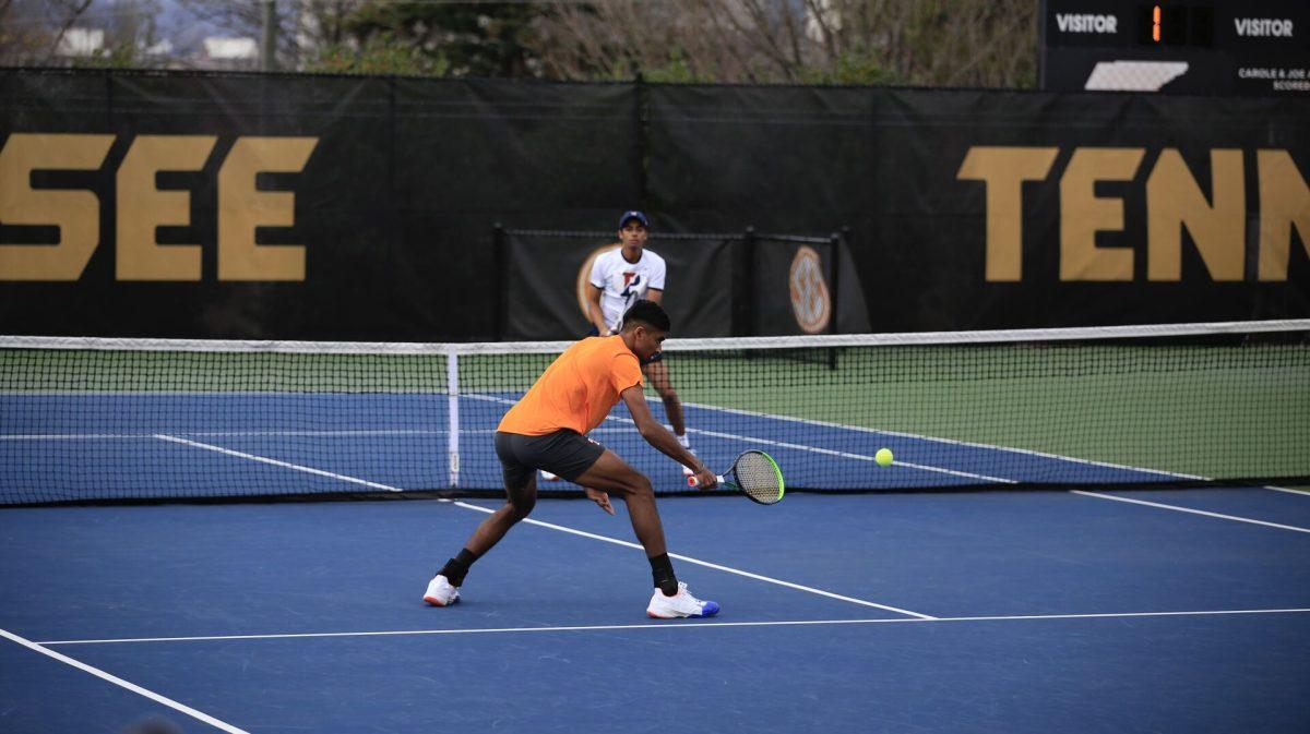 Alan Jesudason strikes the return during the match against Penn at Barksdale Stadium. Saturday, Feb. 8, 2025.