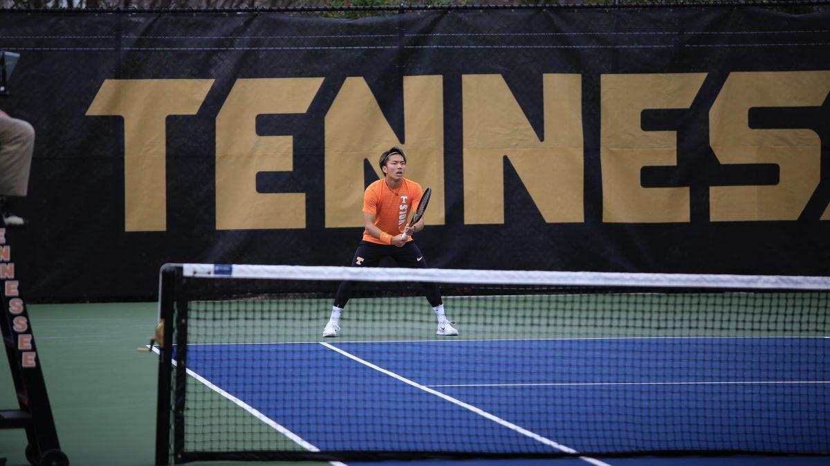 Shunsuke Mitsui prepares for the serve during the match against Penn at Barksdale Stadium. Saturday, Feb. 8, 2025.