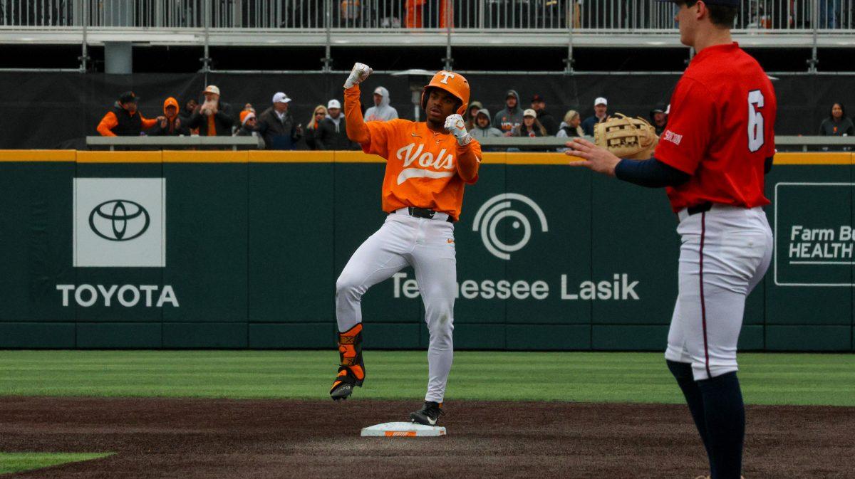 Jay Abernathy (8) celebrates after running to second base against Samford at Lindsey Nelson Stadium. Saturday, Feb. 22, 2025.