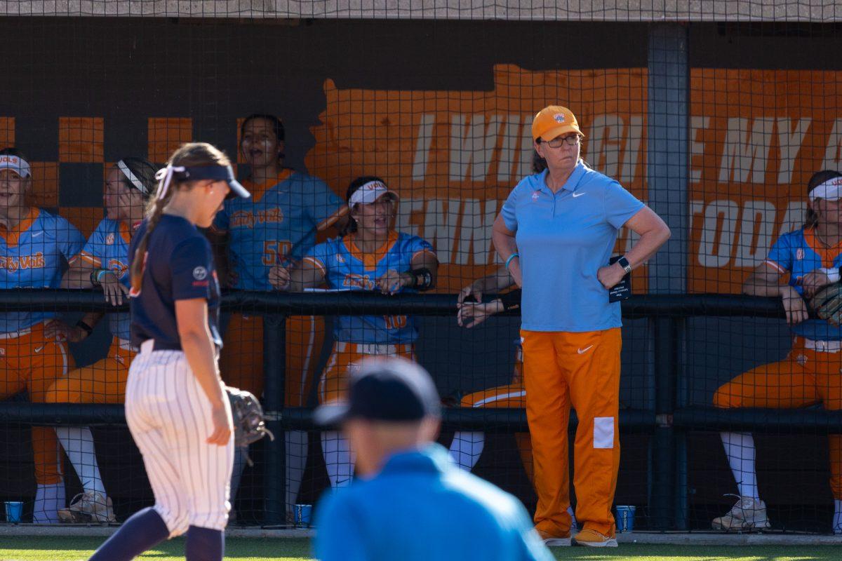 Karen Weekly coaches against Virginia at Sherri Parker Lee Stadium in the NCAA Knoxville Regional. Sunday, May 19, 2024.