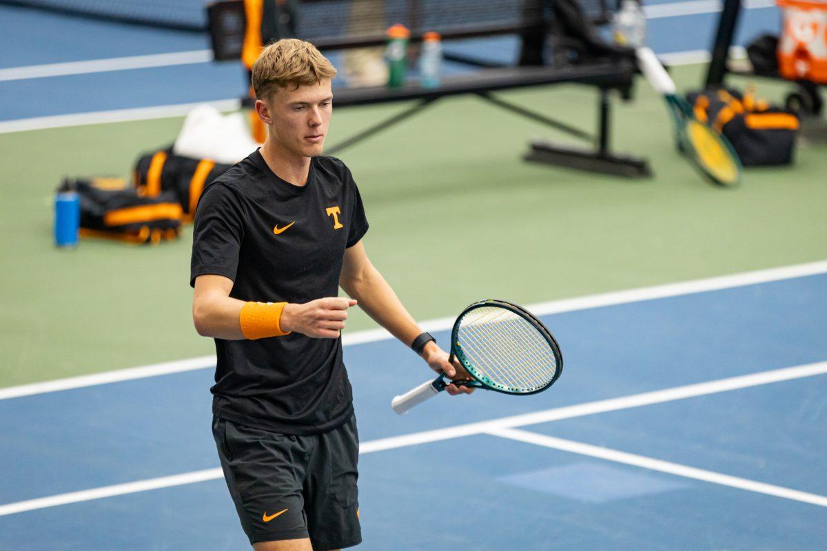 James Newton celebrates a Tennessee point during a doubles match against Tennessee State at Goodfriend Tennis Center. Saturday, Feb. 14, 2025.