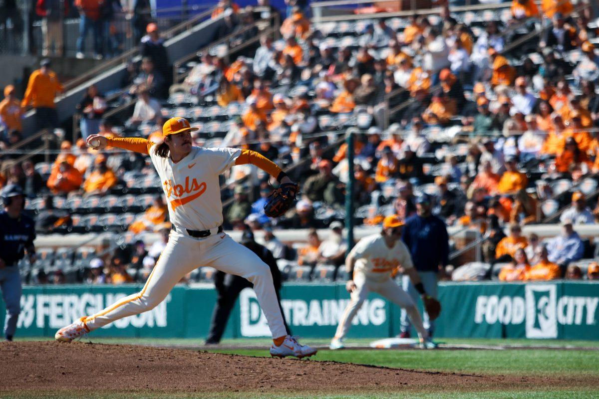 Austin Hunley (31) pitching in game against Samford at Lindsey Nelson Stadium. Sunday, Feb. 23, 2025.