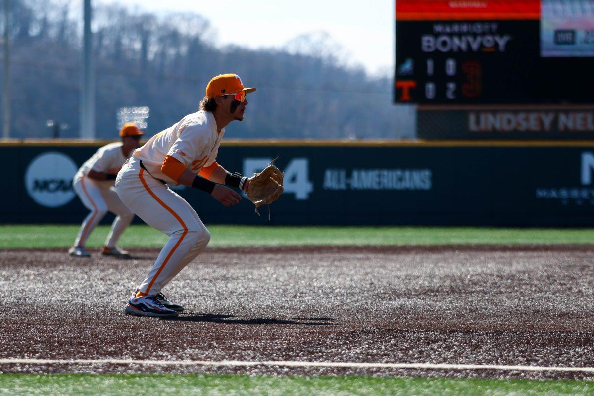 Manny Marin (4) awaiting the pitch in game against Samford at Lindsey Nelson Stadium. Sunday, Feb. 23, 2025.