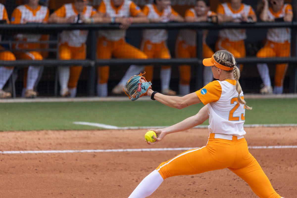 Karlyn Pickens (23) pitches against Dayton at Sherri Parker Lee Stadium in the NCAA Knoxville Regional. Friday, May 17, 2024.