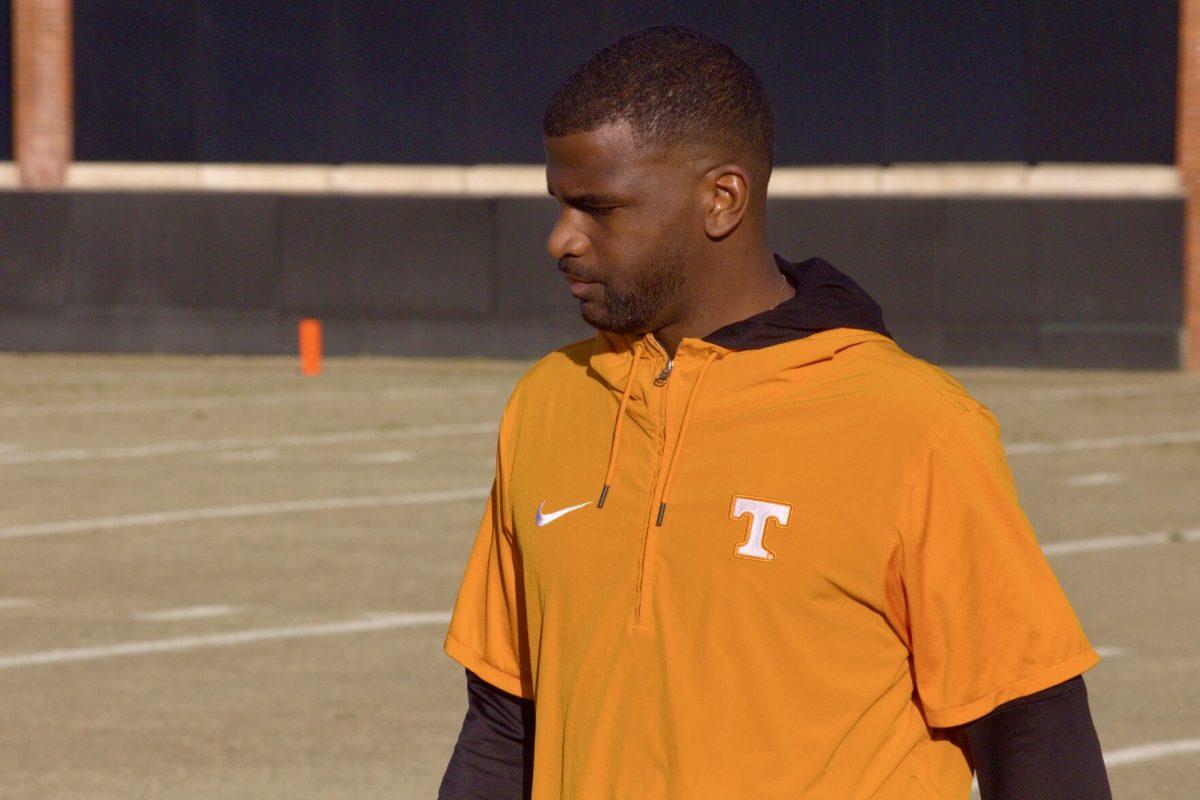 Wide receivers coach Kelsey Pope at Tennessee spring football practice. Wednesday, March 12, 2025. 