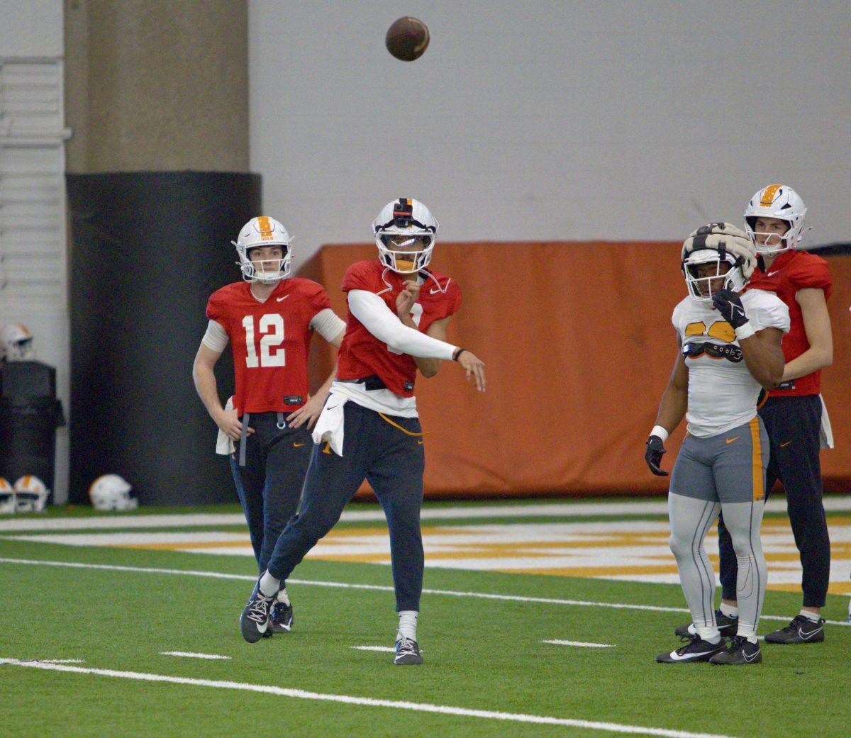 Quarterback Nico Iamaleava (8) throws a pass during Tennessee football spring practice. Wednesday, March 12, 2025. 