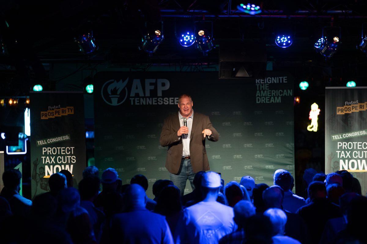Knox County Mayor Glenn Jacobs speaking at the Americans for Prosperity's Protect Prosperity Rally at the Cotton Eyed Joe. Saturday, March 22, 2025.