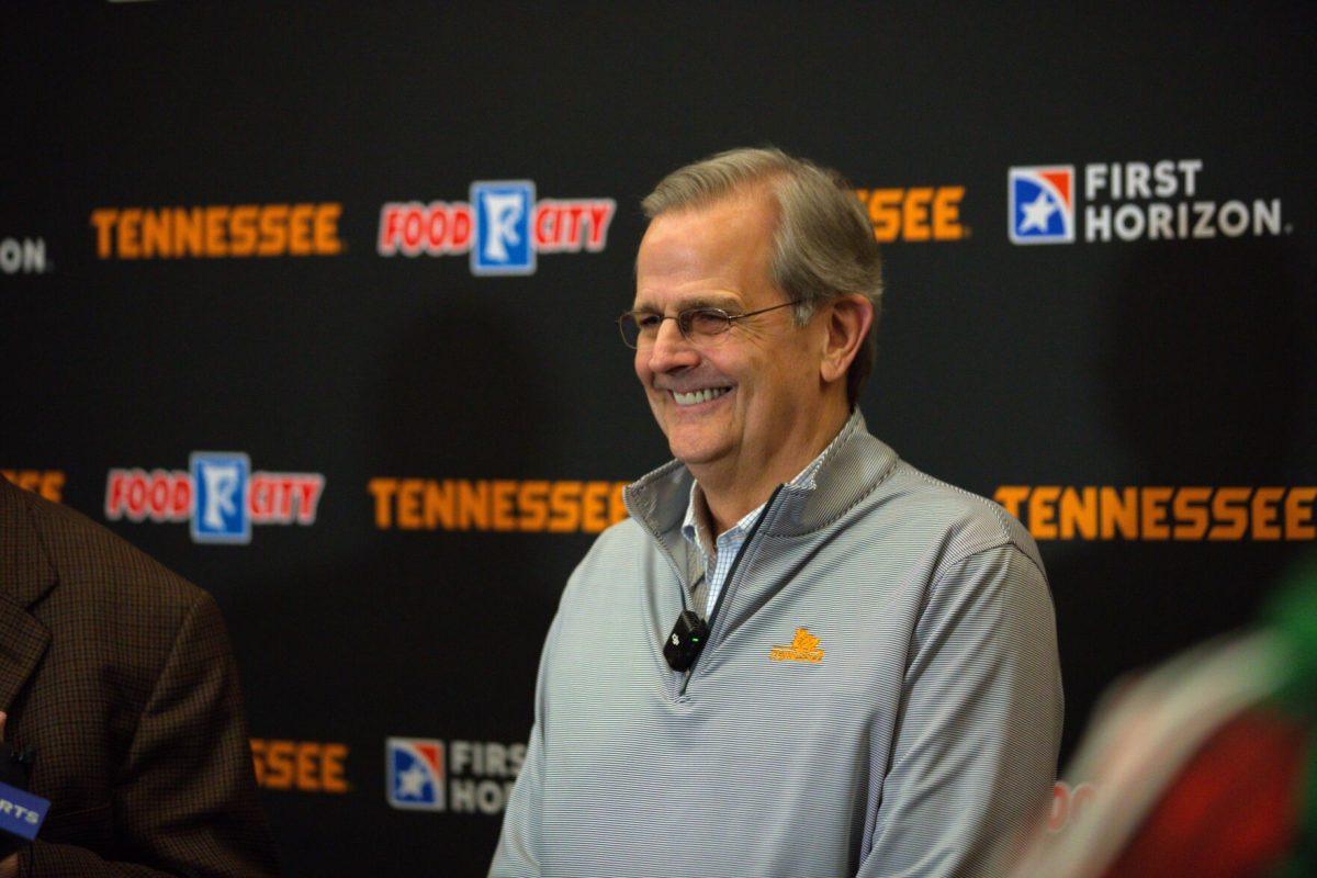 Vol network and Tennessee basketball radio analyst Bert Bertelkamp talks to the media after announcing his retirement. Friday, March 7, 2025.