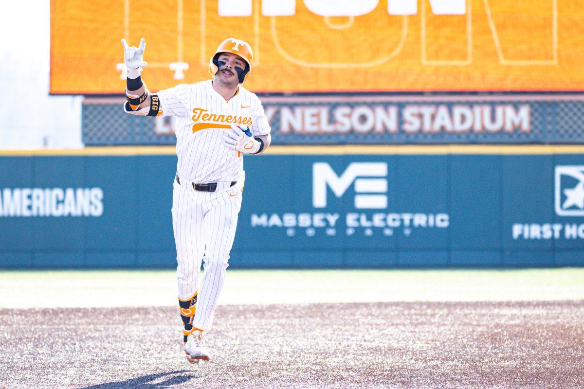 Andrew Fischer (11) celebrates a home run during a game against West Georgia at Lindsey Nelson Stadium. Tuesday, March 11, 2025.