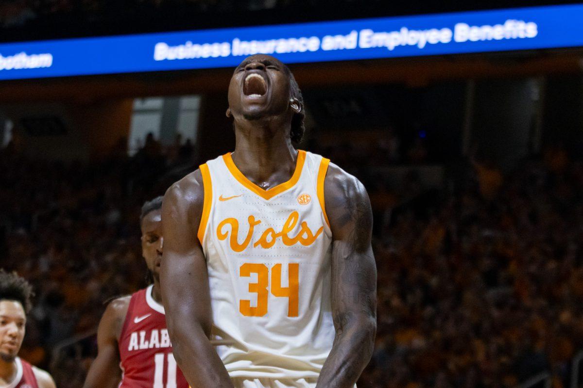Felix Okpara (34) cheers during a game against Alabama at Thompson Boling Arena at Food City Center. Saturday, March 1, 2025.
