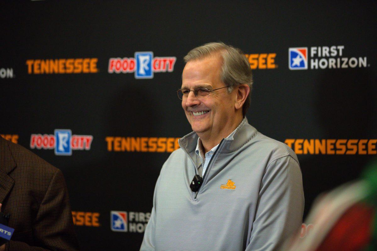 Vol network and Tennessee basketball radio analyst Bert Bertelkamp talks to the media after announcing his retirement. Friday, March 7, 2025.