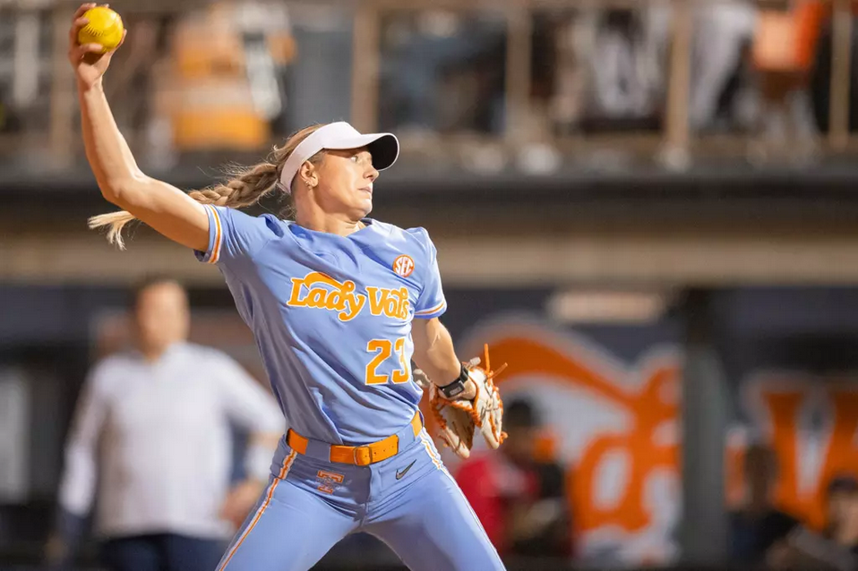 KNOXVILLE, TN - March 14, 2025 - Pitcher Karlyn Pickens #23 of the Tennessee Lady Volunteers during the game between the UConn Huskies and the Tennessee Lady Volunteers at Sherri Parker Lee Stadium in Knoxville, TN.