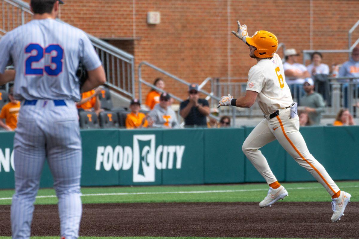 Gavin Kilen (6) celebrates a home run during a game against Florida at Lindsey Nelson Stadium. Sunday, March 16, 2025.