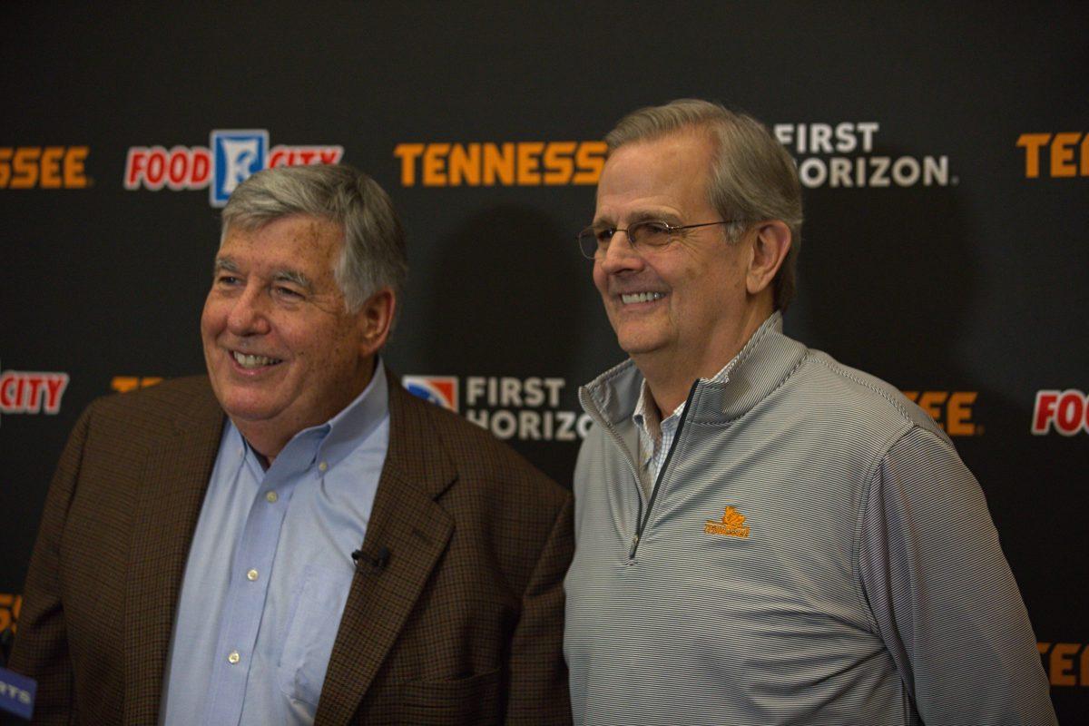 Tennessee basketball radio announcers Bob Kesling and Bert Bertelkamp addressing the media following their retirement announcements. Friday, March 7, 2025.