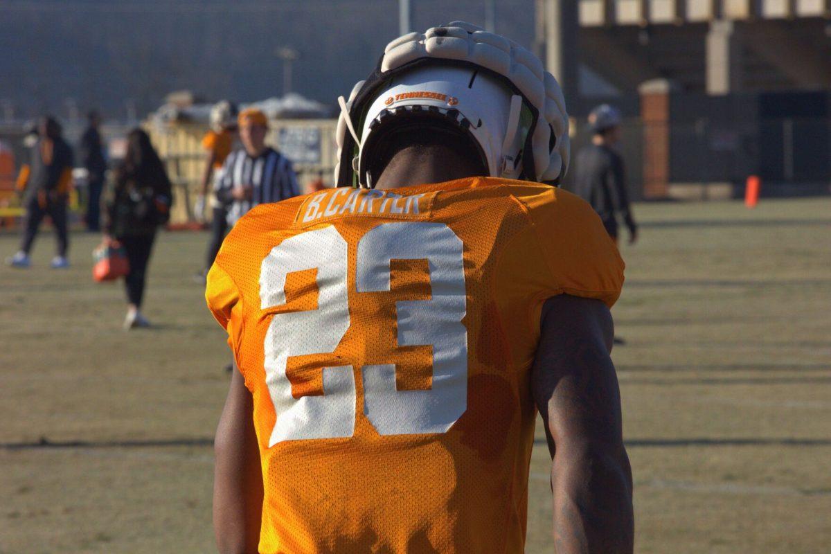Athlete Boo Carter (23) practices during Tennessee football spring practice. Wednesday, March 12, 2025.