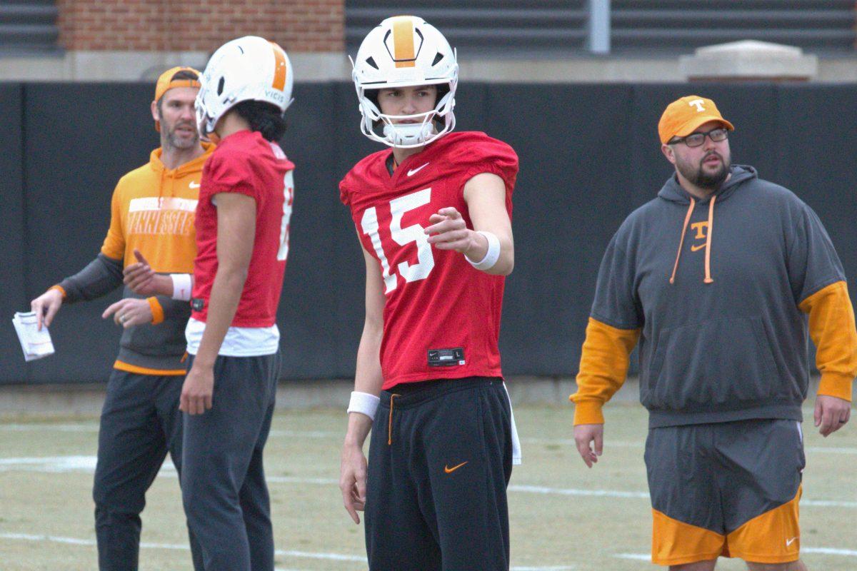 Tennessee freshman quarterback George MacIntyre (15) at the first spring practice. Friday, March 7, 2025.