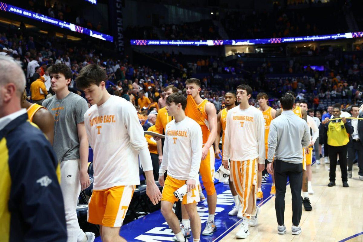 Tennessee basketball players walk off the court after losing in SEC Championship game to Florida at Bridgestone Arena. Monday, March 17, 2025. 
