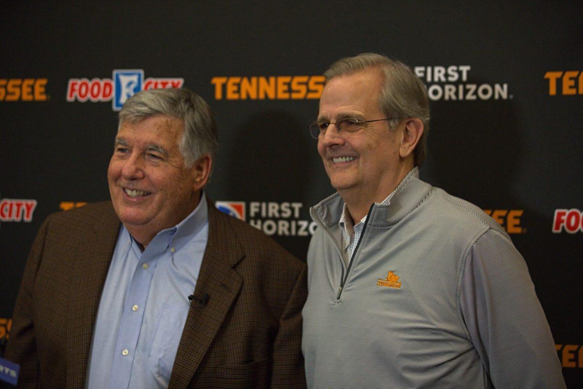 Tennessee basketball radio announcers Bob Kesling and Bert Bertelkamp addressing the media following their retirement announcements. Friday, March 7, 2025.