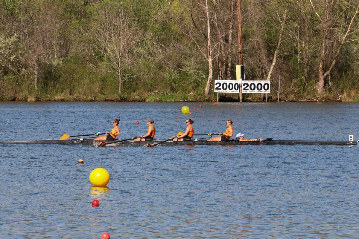 Tennessee's 1V4 cross the 2000 meter finish line first during Rocky Top Invite at Melton Hill Lake. Friday, April 4, 2025.