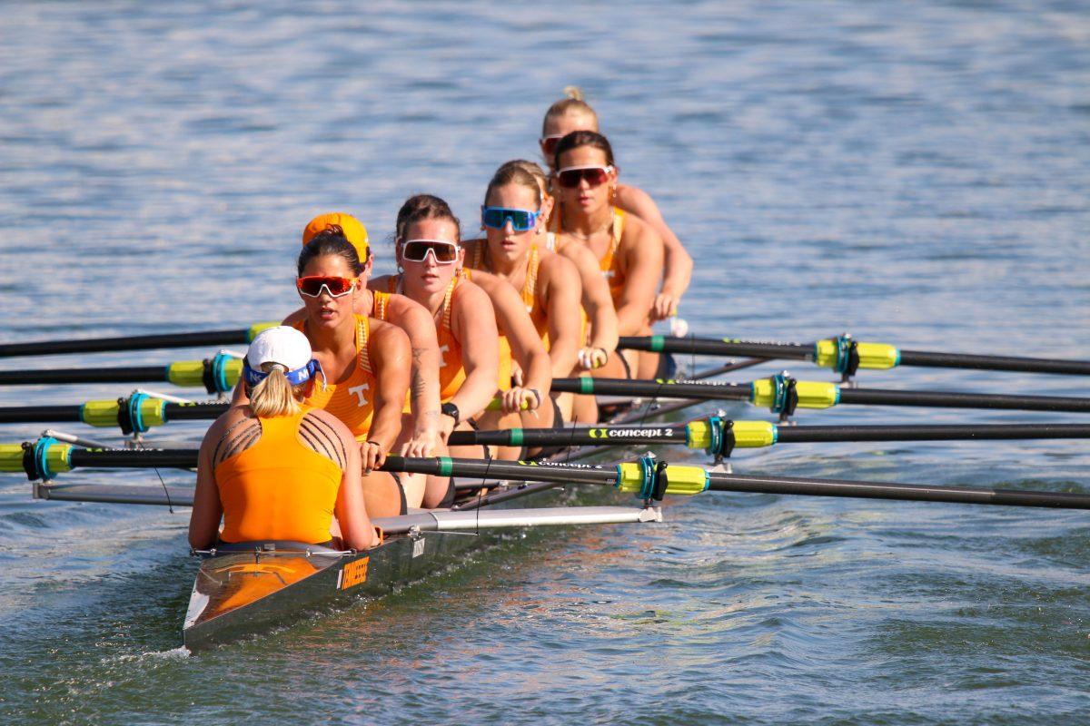 Tennessee's 2V8 in the first few strokes of their race during Rocky Top Invite at Melton Hill Lake. Friday, April 4, 2025.