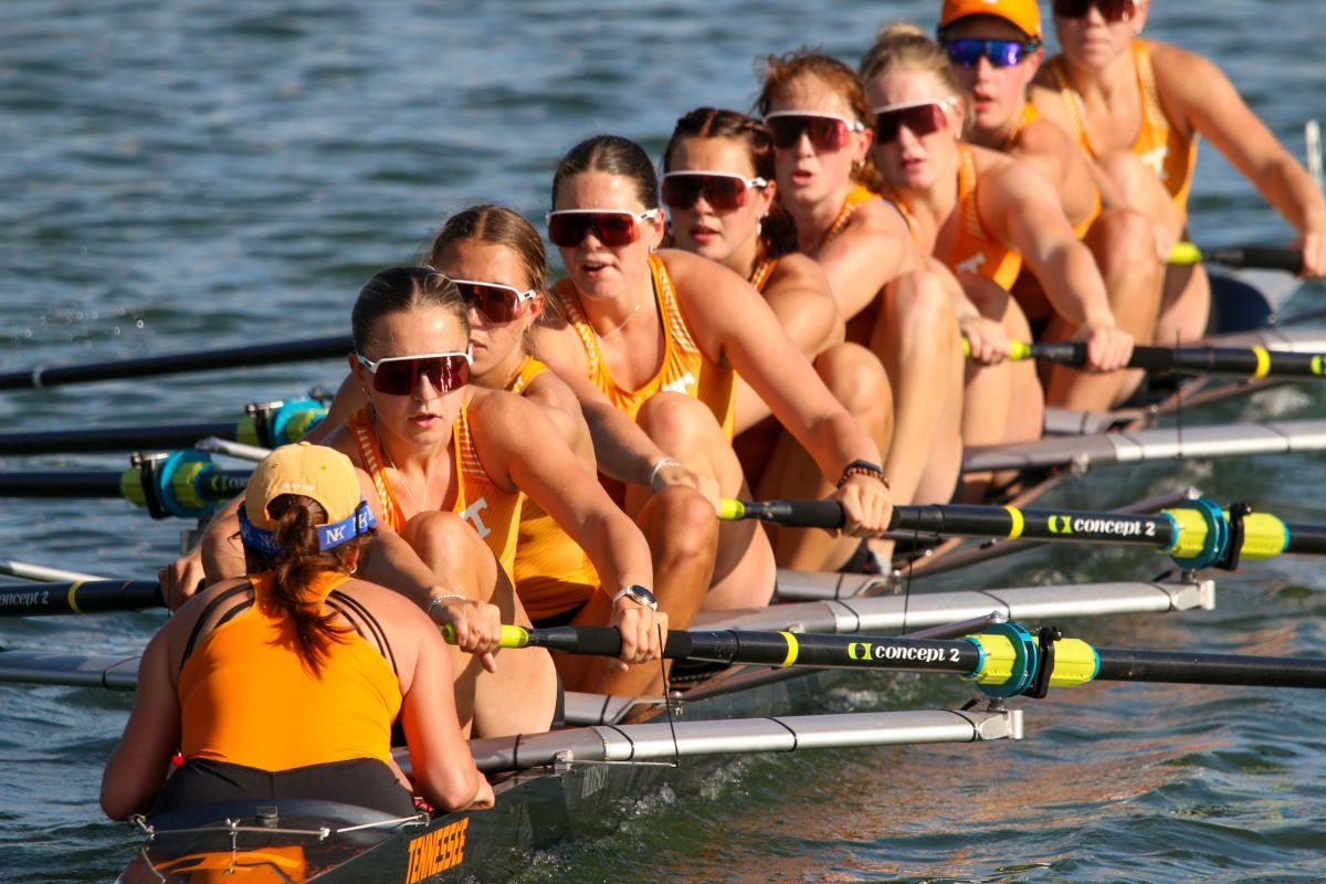 Tennessee's 1V8 in the first leg of their race during Rocky Top Invite at Melton Hill Lake. Friday, April 4, 2025.