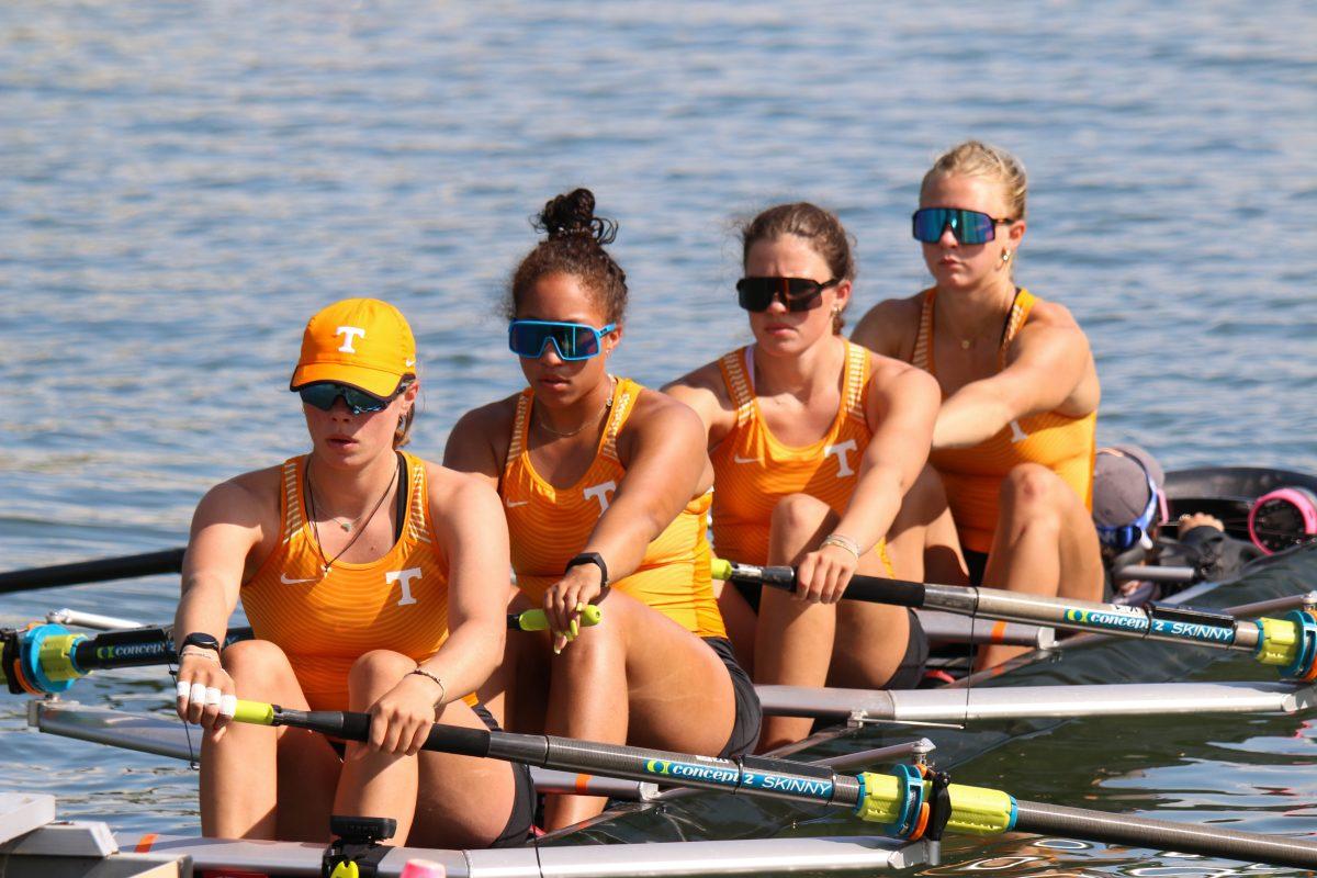 From left to right: Alexandra Axten, Tiara Dye, Grace Armstrong, Emarie Peacock, and coxwain Laila Irigoyen prepare to start their 2V4 boat's 2000 meter race during Rocky Top Invite at Melton Hill Lake. Friday, April 4, 2025.