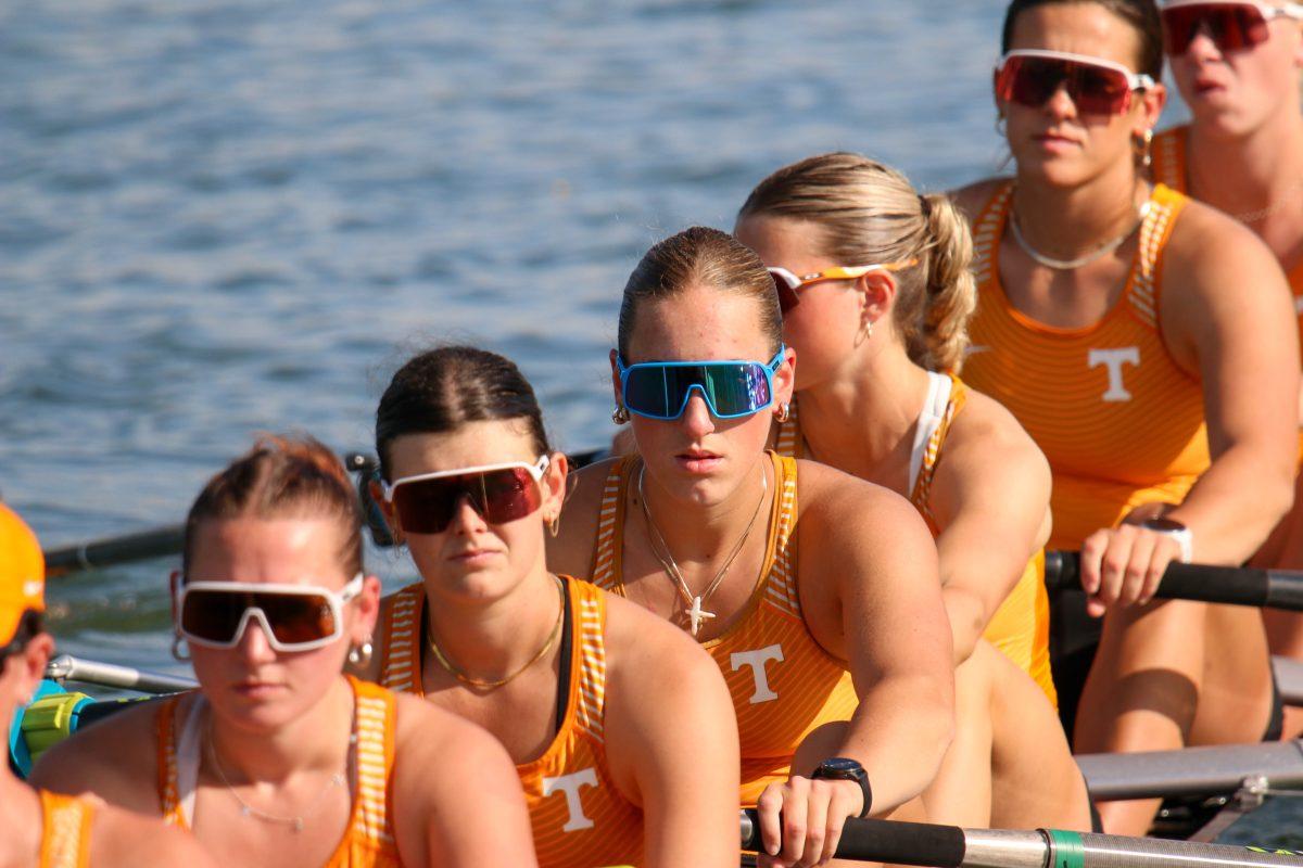Abby Fowler sporting some Lady Vol blue sunglasses during Rocky Top Invite at Melton Hill Lake. Friday, April 4, 2025.