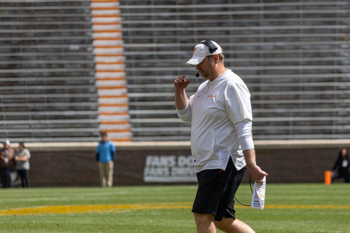 Coach Josh Heupel walking across the field at  the Orange &amp; White game at Neyland Stadium. Saturday, April 12, 2025.
